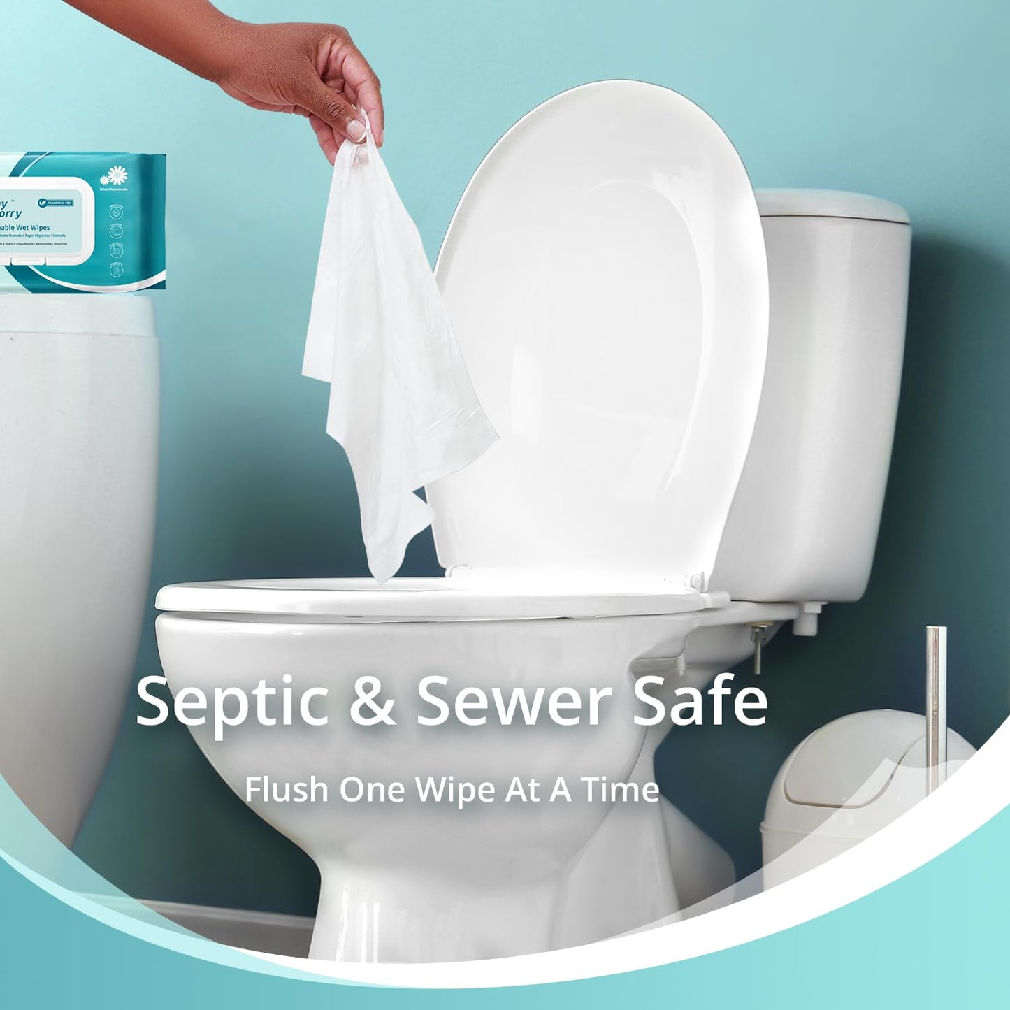 WhyWorry Flushable Wipes for Adults, Extra Large 8"x10" Butt Wipes for Personal Hygiene & Cleansing, with Chamomile and Vitamin E, 100% Plant-Based, Septic & Sewer Safe, Unscented, 48 Count