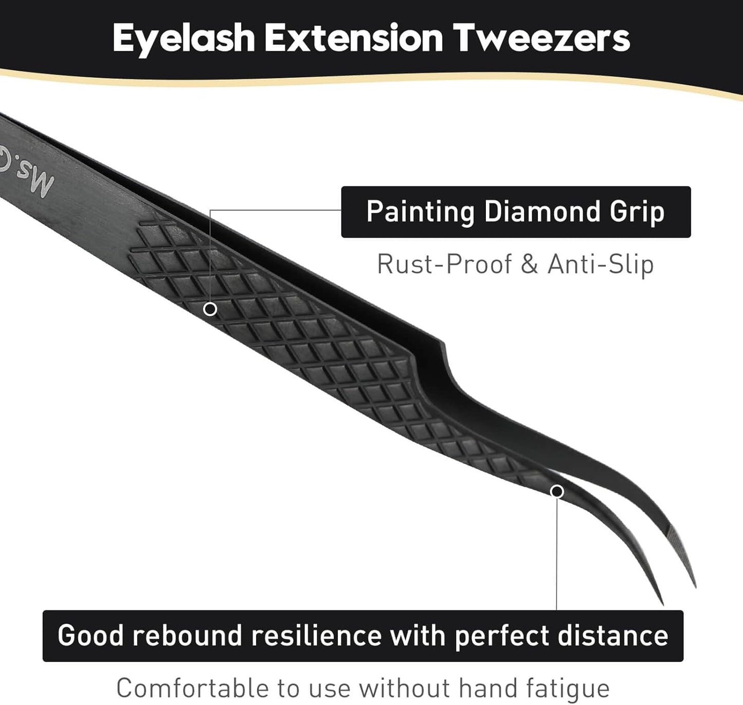 Ms.Queen Lash Tweezers for Eyelash Extensions,Set of 5,Fiber Tip Curved 45 90 Degree and L-Shape Boot Lash Tweezers for Mega Volume & Classic Lashes,Black