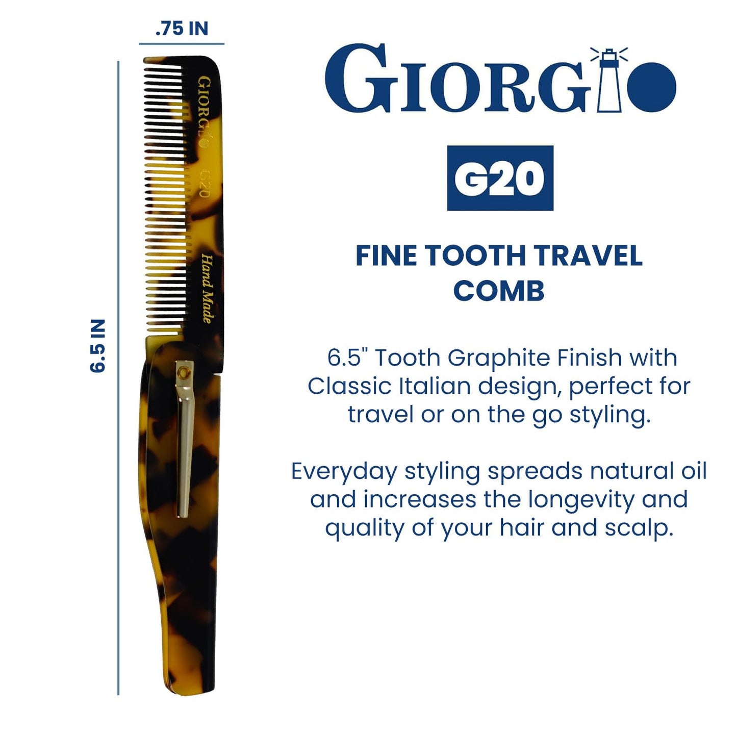 Giorgio G20 Folding Mustache and Beard Comb - 6.5 Inches Small Fine Tooth Styling and Travel Comb, Sawcut and Hand Polished, Handcrafted for Everyday Hair Care