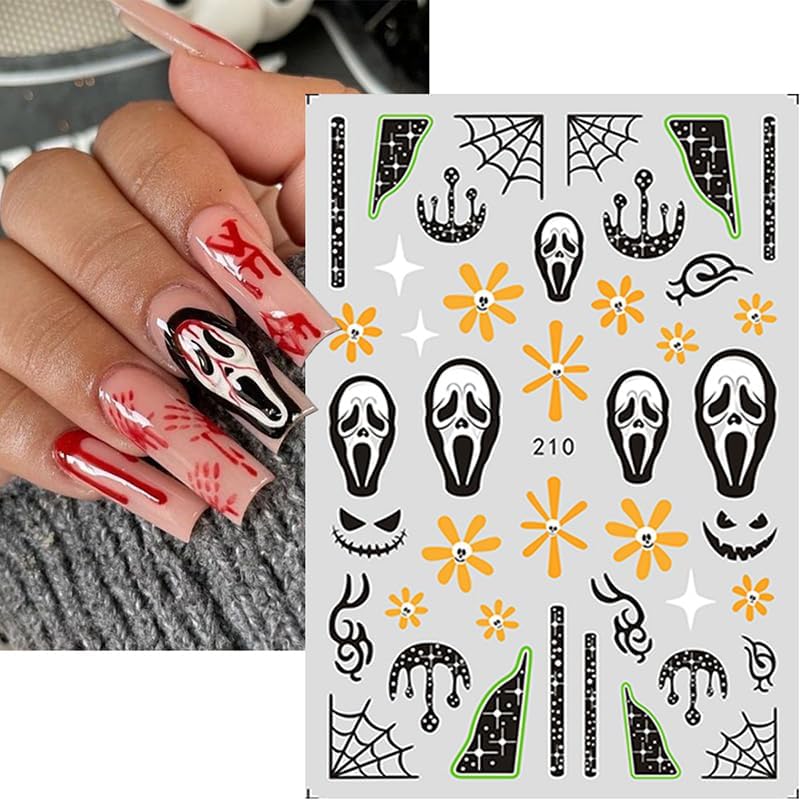 Halloween Nail Art Stickers Decals Halloween Horror Spooky Self-Adhesive Nail Designs Supply Halloween Devil Ghost Spider Web Nail Decals for Women Girls DIY Manicure Tips Horror Party Nail Decoration
