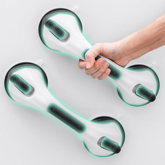 Grab Bars for Bathtubs and Showers 2 Pack Glow in The Dark, 12 inch Suction Grab Bar, Shower Handle Safety Grip Handrail for Seniors and Elderly, Removable Waterproof No Drilling, Black