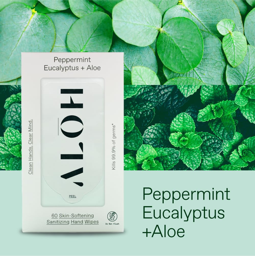 ALŌH Peppermint Eucalyptus + Aloe Sanitizing Hand Wipes - Clean Hands, Clear Mind On The Go Sanitizer for Kids and Adults - Travel Size 3 Pack 20ct Wipes (60 Wipes)