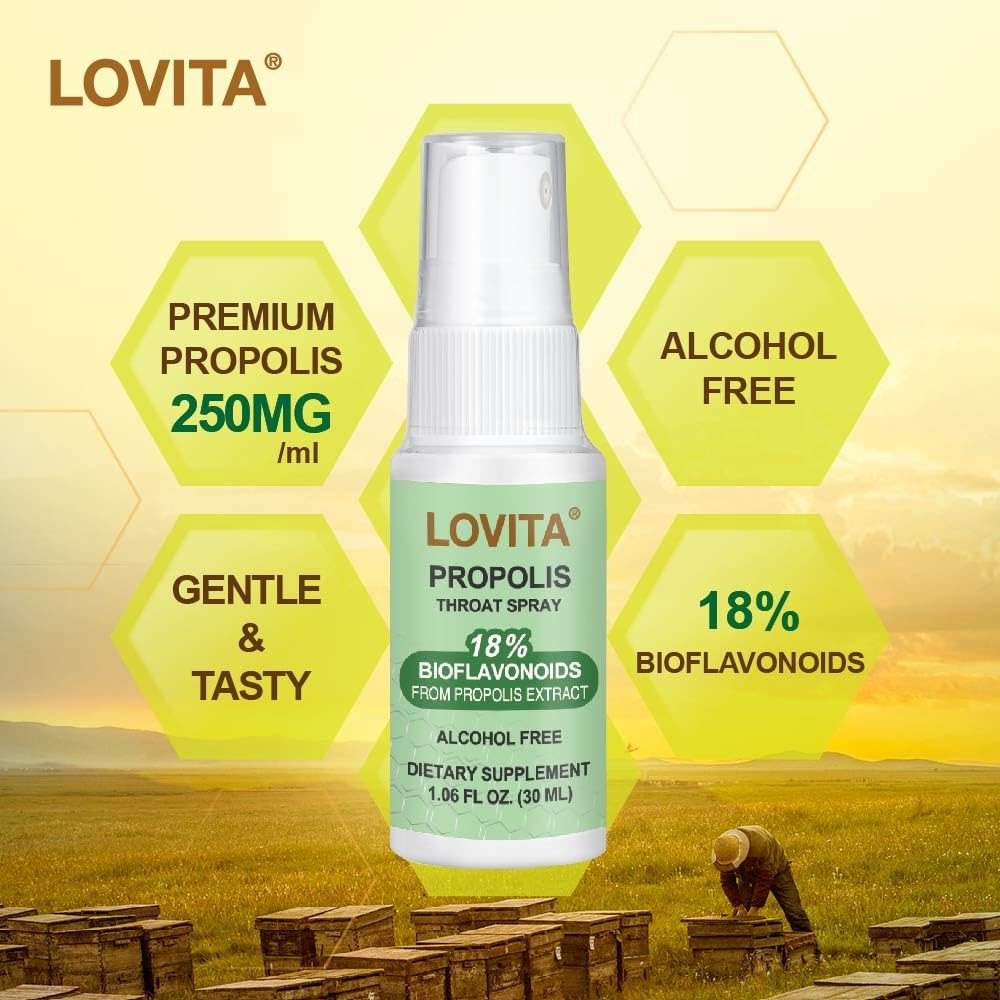 Lovita Bee Propolis Throat Spray, 18% Bioflavonoids, Alcohol-Free, Immune Support, Throat Soothing, Antioxidant, Gentle Taste, 1 Fl Oz (Pack of 1)