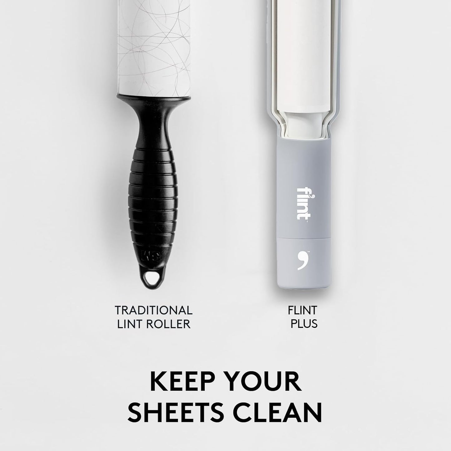 Flint Plus Retractable Lint Remover & Pet Hair Roller for Clothes – Refillable & Reusable Lint Roller with 70 Extra Sticky Tear-Off Sheets – Value Pack, Light Grey