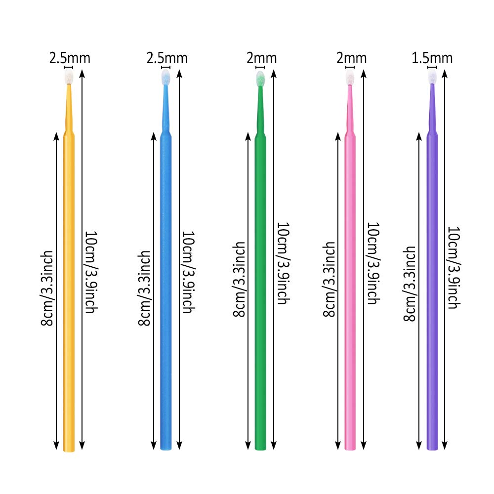 500 PCS Disposable Micro Applicator Brush Bendable Makeup Brush Mascara Brush for Eyelash Extensions, 5 Colors (Head Diameter: 2.5/2.0/1.5 mm)