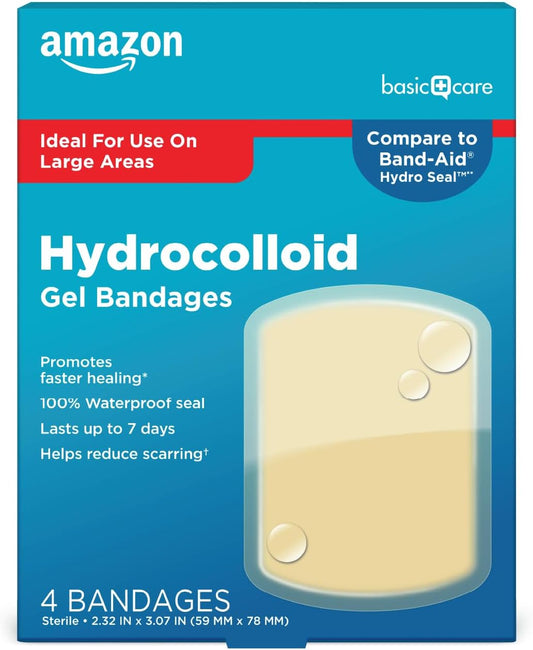 Amazon Basic Care Advanced Fast Healing Hydrocolloid Gel Bandages, Large Wound Dressing, 4 ct
