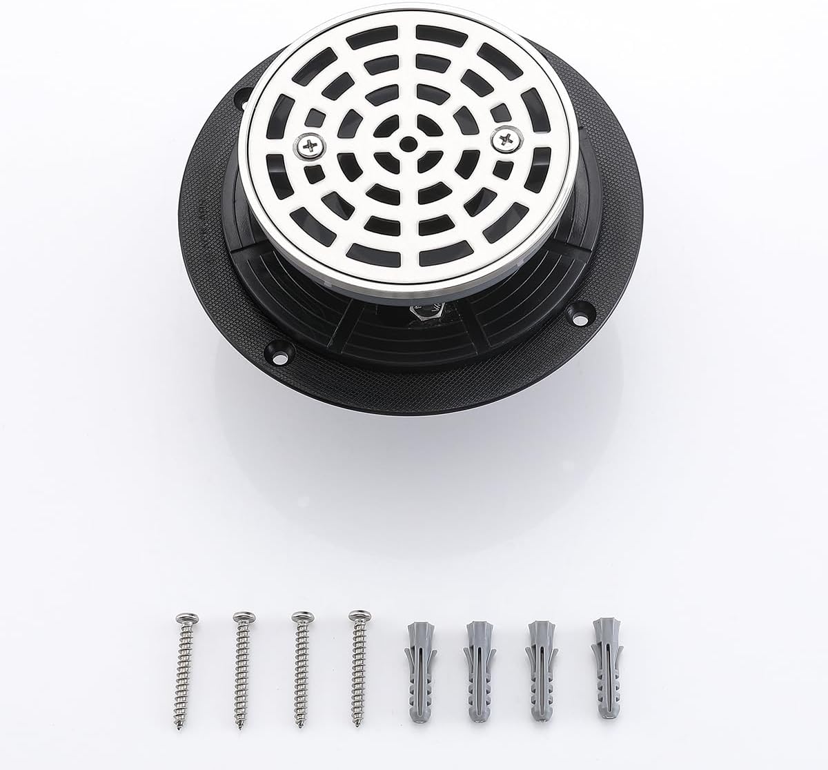 RANDOM Round Shower Drain Brushed Nickel 4 Inch Shower Drain with Adjustable PVC Base Flange,SUS304 Stainless Steel Bathroom Shower Floor Drain with Removable Grid Cover Grate.98768BN-S
