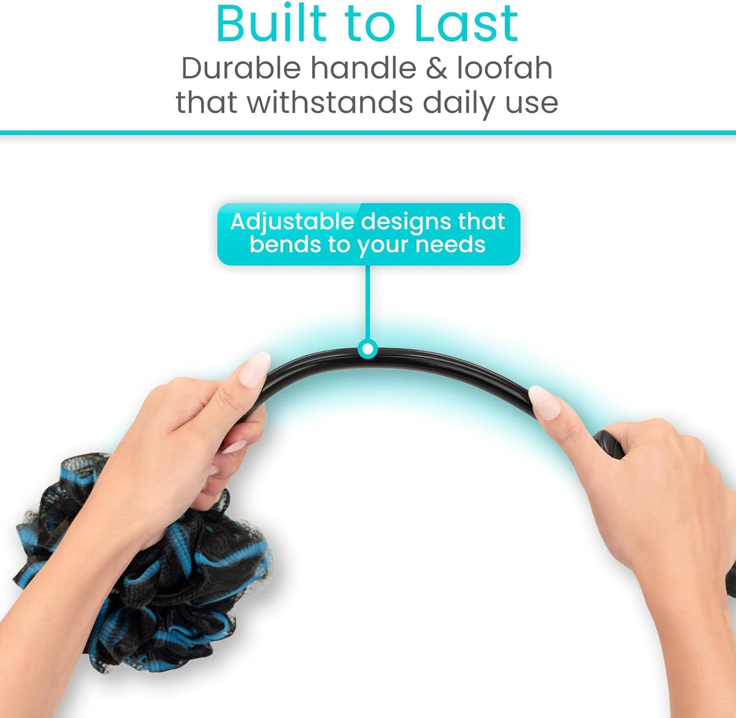 Vive Bendable Loofah on a Stick with Long Handle - Body Exfoliator Luffa & Long Handled Sponge - Back Scrubber & Bath Brush Lufa for Shower, Women, Men, Elderly - Handheld Loofa & Wall Hook Included