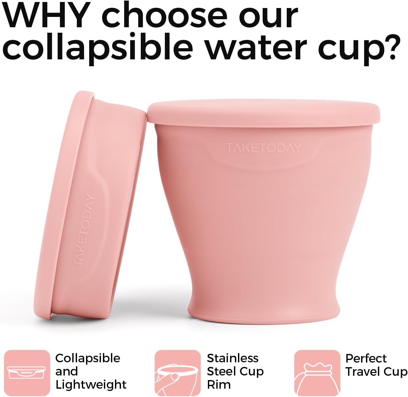 TakeToday Collapsible Travel Cup - Silicone Foldable Water Cup, BPA-Free with Lid & Waterproof Bag - Drinking Cup Set for Camping, Outdoors & International Travel（8 Oz, Lowcountry Peach）