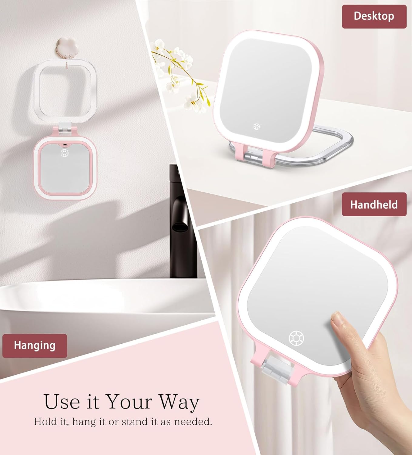 Shinowa Rechargeable Travel Makeup Mirror with 72 LED Lights, 1X/10X Magnifying Vanity Mirror with 3 Color Light, Folding Stand, 7 Inch Portable Dimmable Double Sided Compact Lighted Mirror, Pink