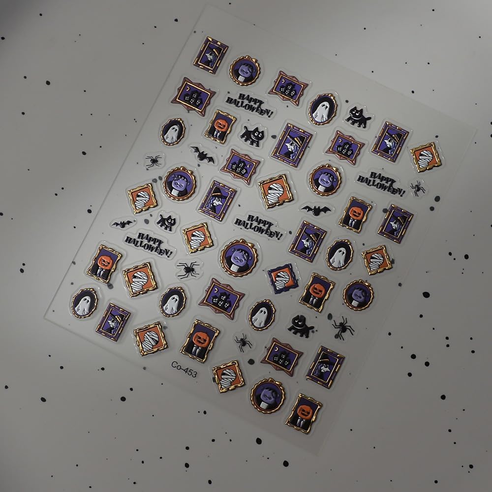 Halloween Nails Stickers Ghost with Frame Nails Sticker 3D Embossed Purple Mummy Self Adhesive Sticker Nail Decals Black Bat Nail Art Decal Halloween Decals for Nail DIY Manicure 1Sheet