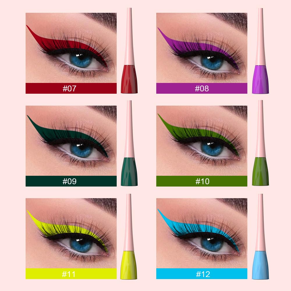 evpct 6Pcs Dark Red Purple Dark Green Light Green Sky Blue Liquid Eyeliner Set Waterproof Eye Liners for Women, Eyes Wing Colored delineador de ojos a prueba de agua contra el agua blanco para ojos
