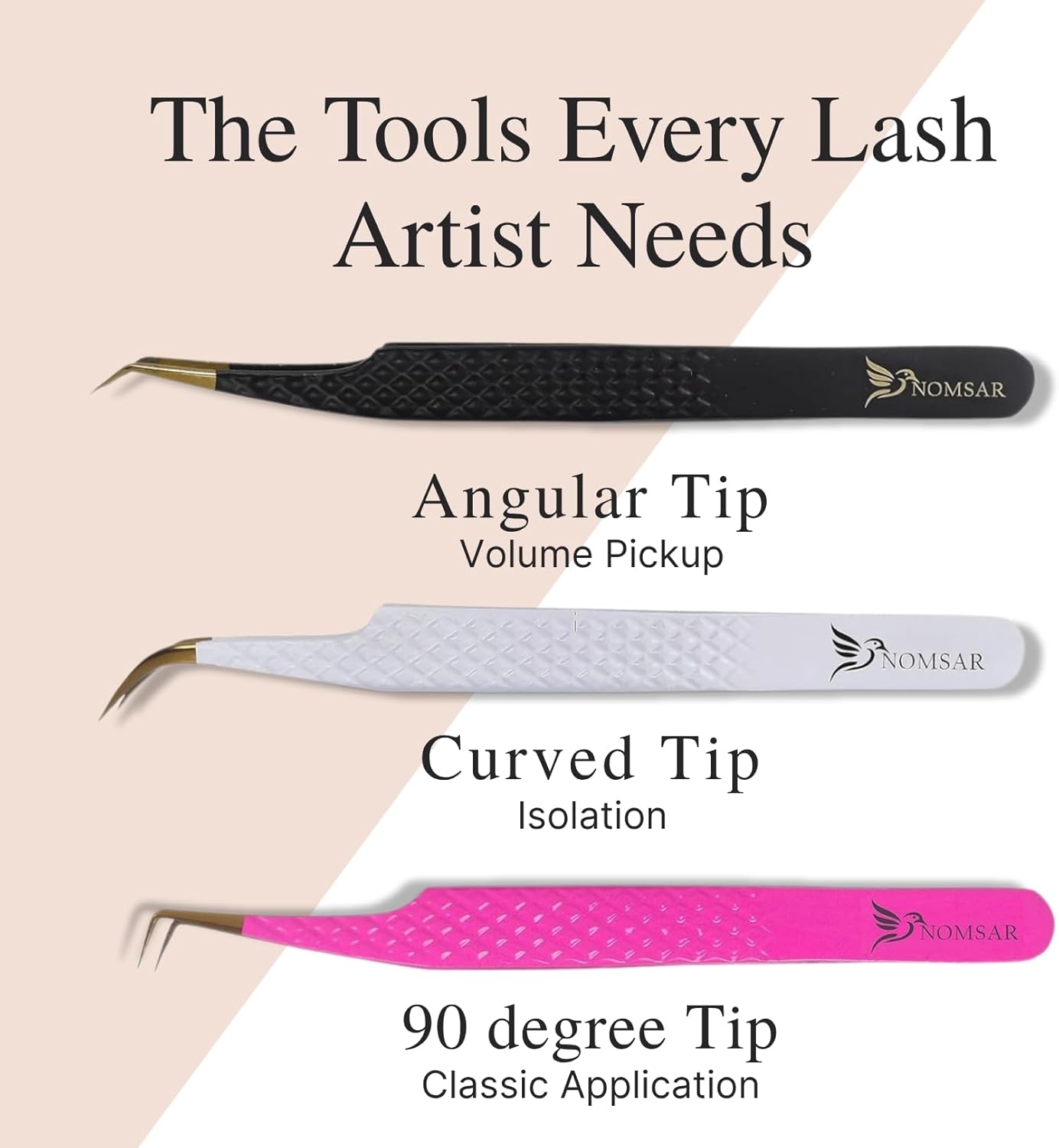 Eyelash Extensions Tweezers, Set of 3 - Stainless Steel with Diamond Grip for Volume lash Extension - Fiber Tip Tweezers for Multipurpose & Application (Peach)