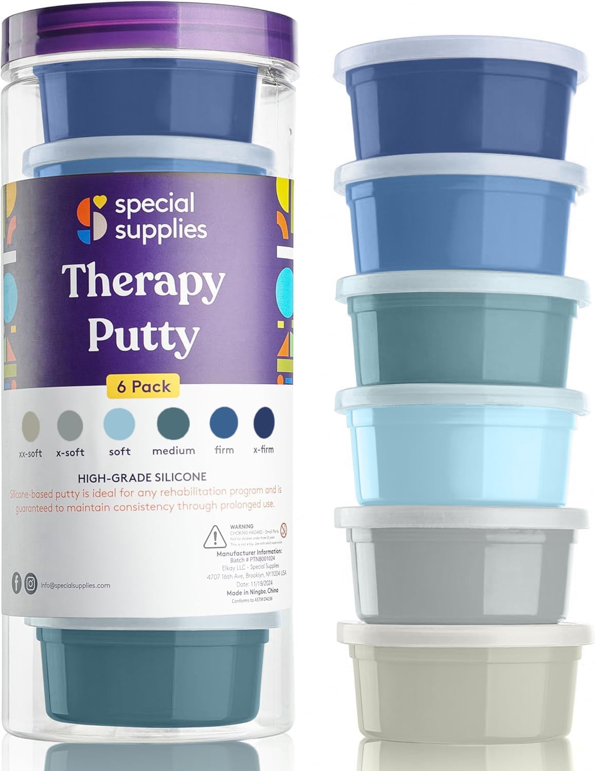 Special Supplies Therapy Putty for Kids and Adults - Resistive Hand Exercise Stress Relief Kit, Set of 6 Strengths, 3 Ounces of Each Putty - Ocean Colors