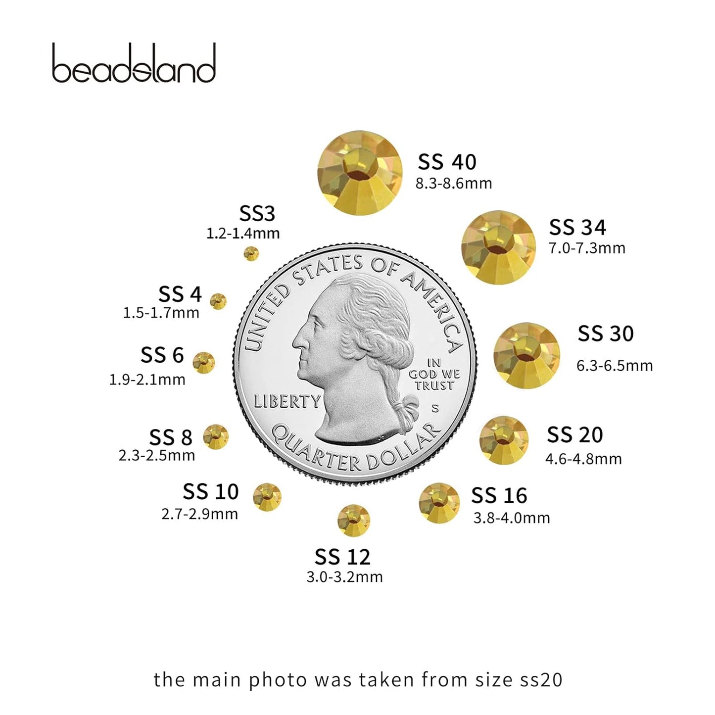 beadsland 1440 Piece Flat Back Crystal Rhinestones Round Gems,1.3mm-6.5mm,Metal Sunlight (SS8(2.3-2.5mm))