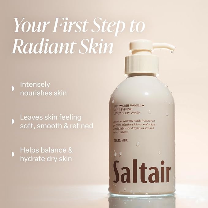Saltair Body Wash, Salt Water Vanilla 2-Pack. Moisturizing Body Cleanser with Monoi Oil and Cupuacu Butter. Luxury Shower Gel for Women and Men. Vegan, Cruelty-Free, Paraben-Free. 2x 17oz Pump Bottles