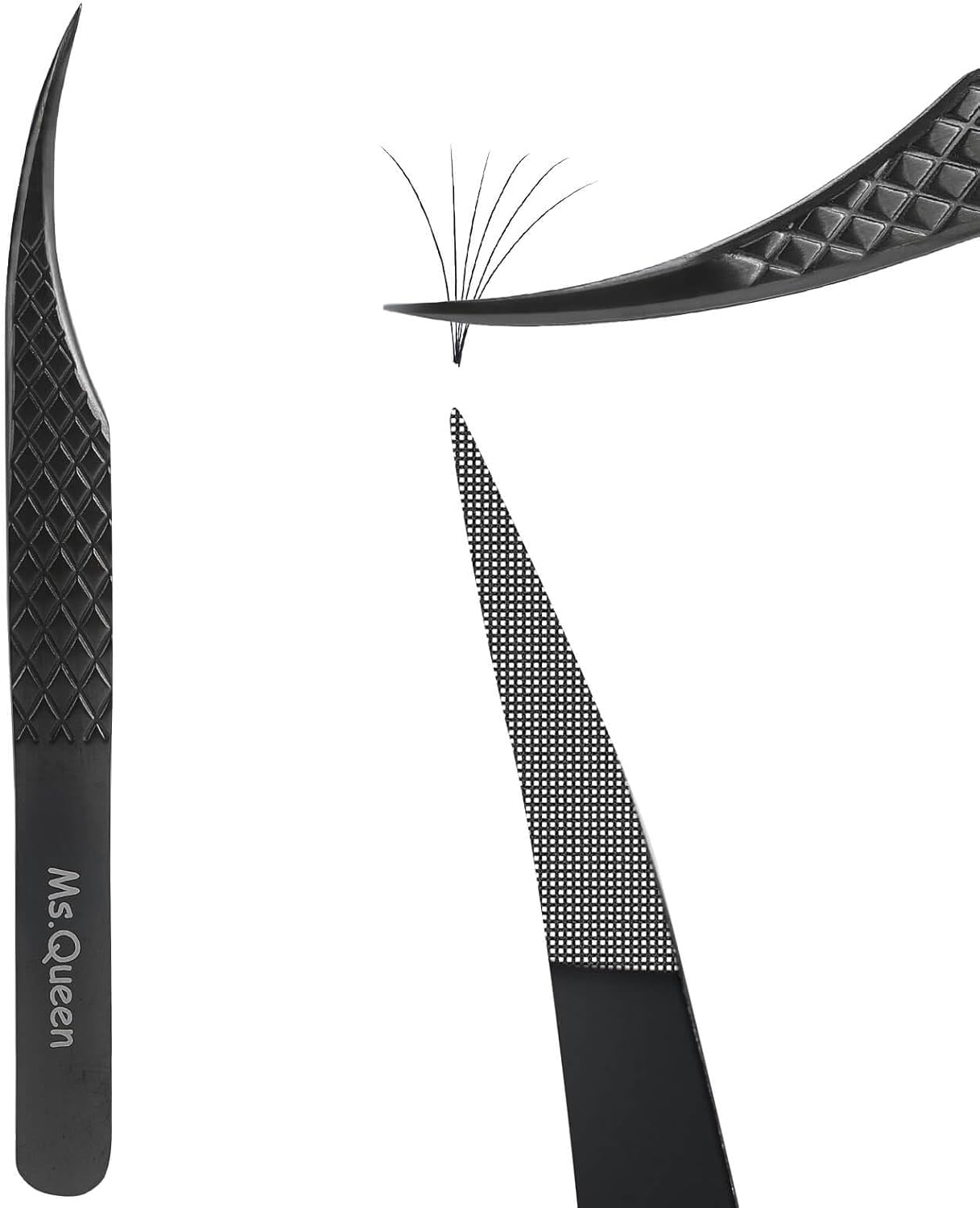Ms.Queen Isolation Tweezers for Eyelash Extensions, Fiber Grip Dolphin Shape Lash Tweezers for Classic & Individual Eyelash Extensions,Black