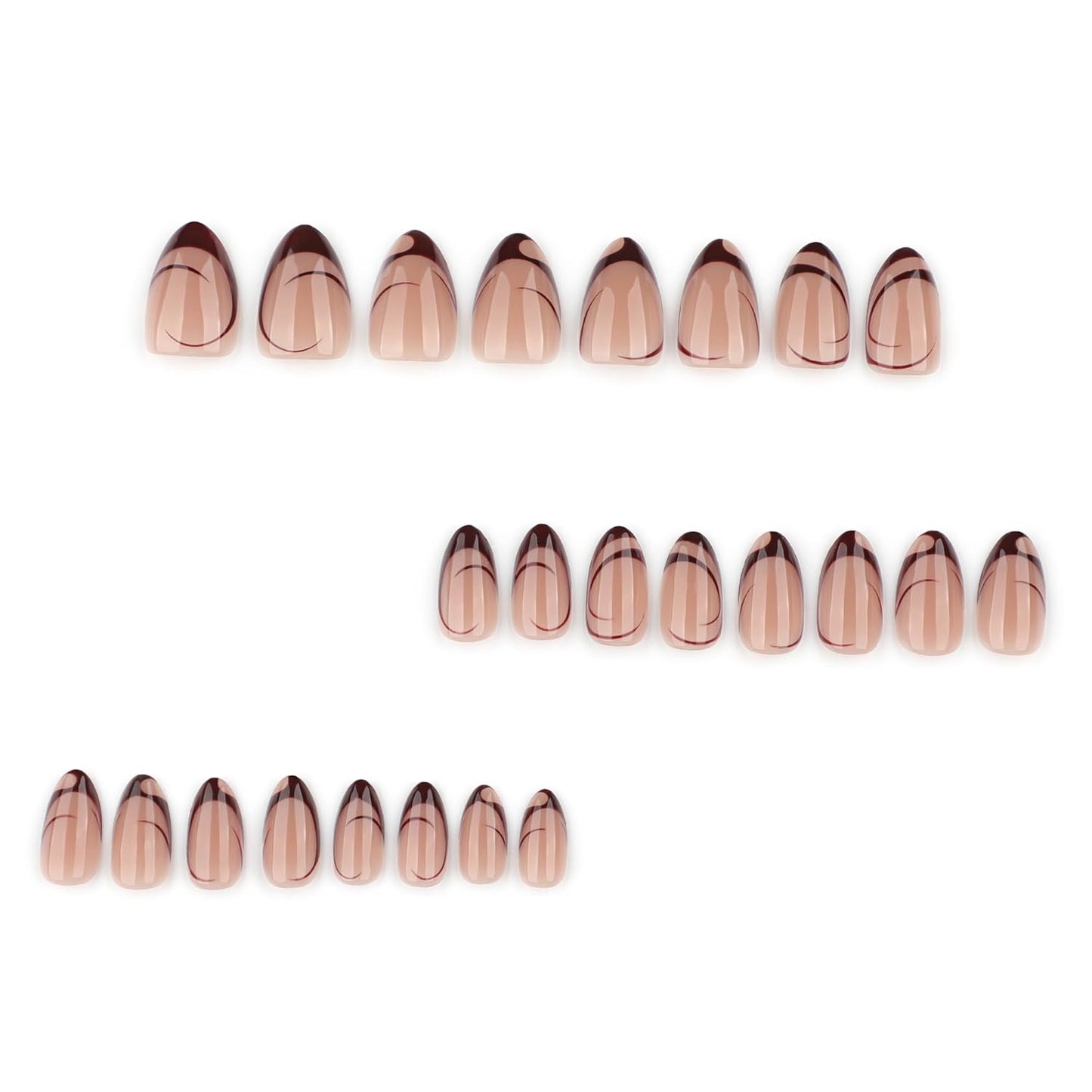 Nude Almond Press on Nails Short, Fall French Fake Nails with Unique Elegant Shaped Burgundy French Tip Design, Glossy Finish Acrylic Nails, Natural Reusable Glue on Nails Kit for Women