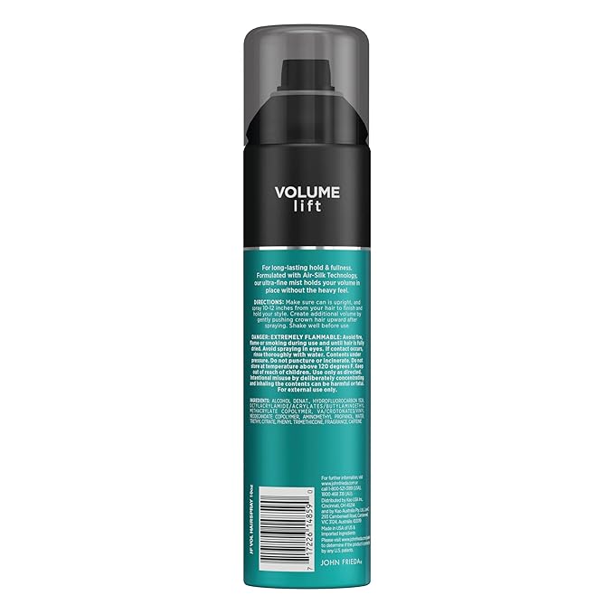 John Frieda Volume Lift Hairspray, Volumizing Hairspray with Air-Silk Technology for Fine or Flat Hair, Adds Body, Long-Lasting Hold, and Fullness for Fine, Thin Hair, 10 Oz