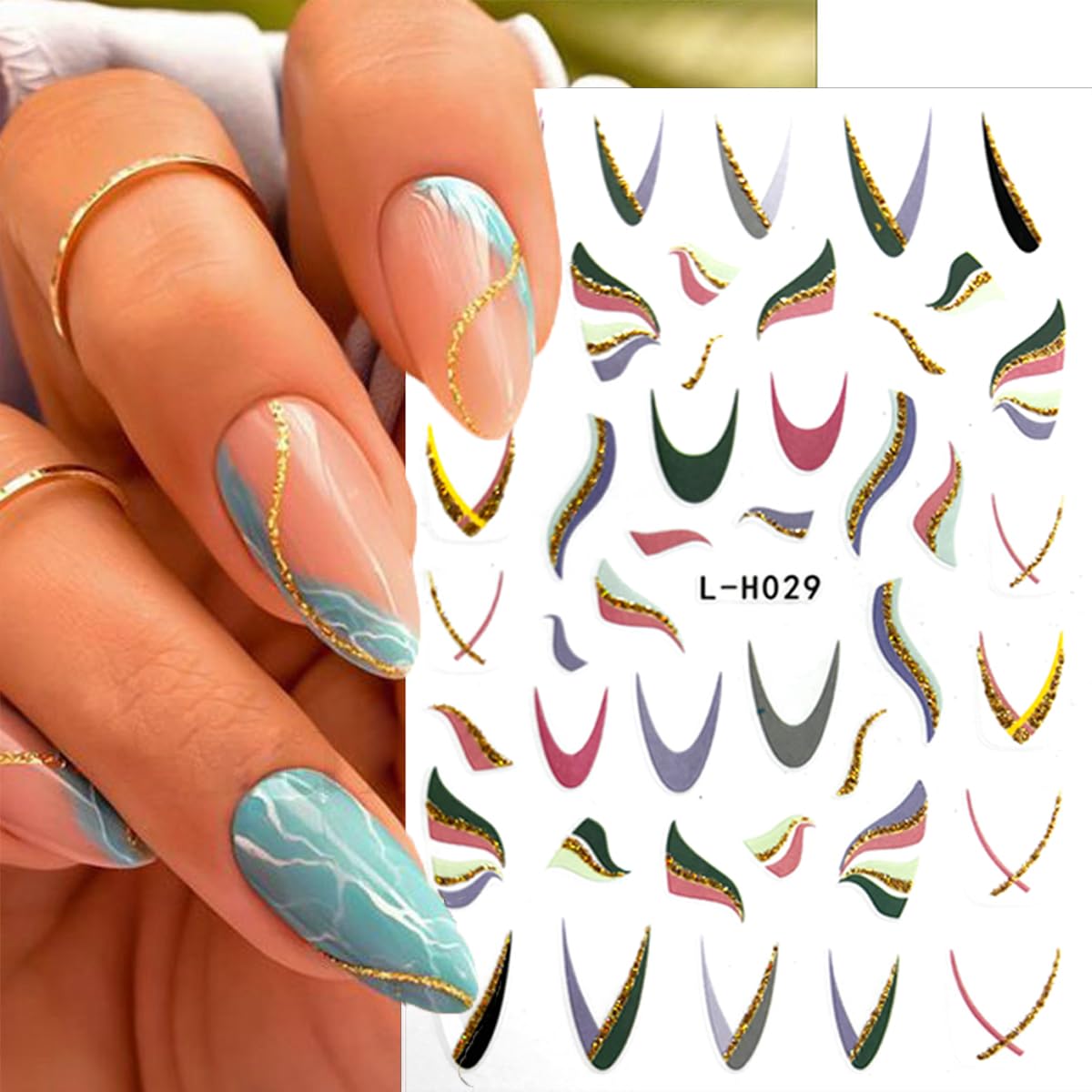 8 Sheets Shiny Line Nail Stickers - French Tip Nail Decals, 3D Glitter Wavy Stripe Designs, Gold Nail Tip V Shape Lines for DIY Acrylic Manicure Decoration