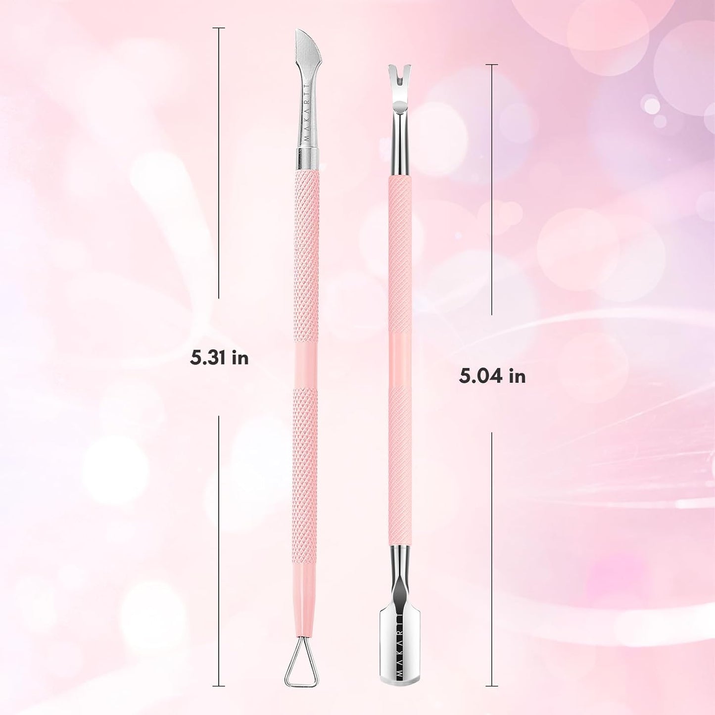 Makartt Cuticle Pushers, 2Pcs Stainless Steel Dual Ended Cuticle Remover with Spoon Pusher, Cutter, Scraper & Dead Skin Fork, Pink Manicure Pedicure Nail Care Kit