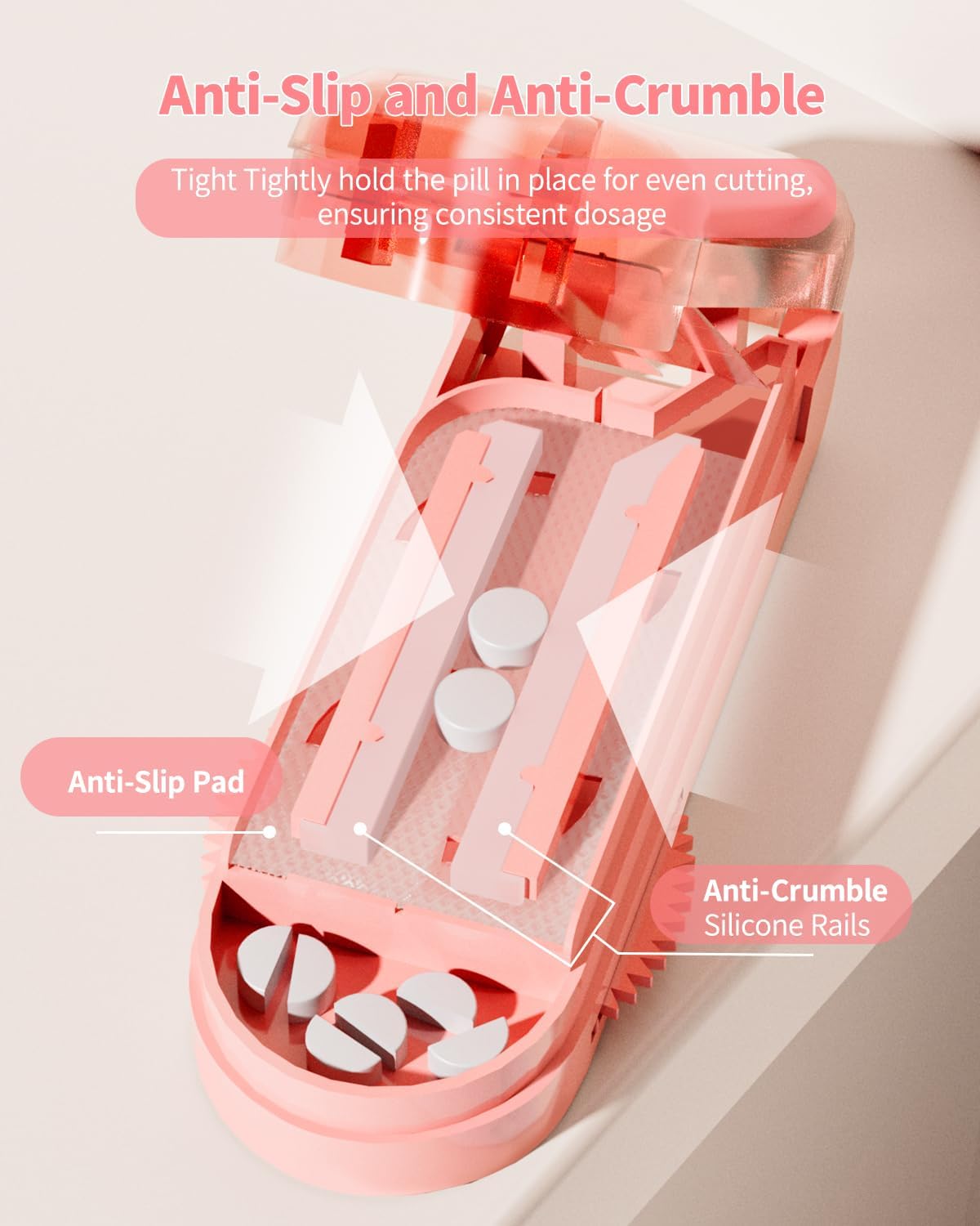 Pill Cutter Splitter for Small and Tiny Pills, Pill Splitter Accurately Cuts Multiple Pills at Once for Large and Small Medicines, Sharp Blade with Safety Guard (Pink)