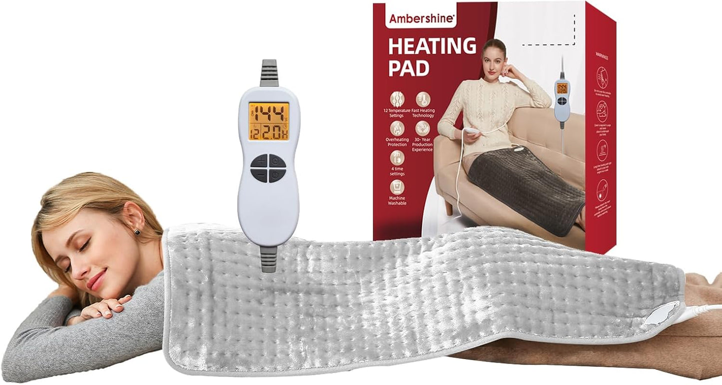 Ambershine 17''x33'' XXXL King Size Heating Pad with 12 Temperature Settings & 4 Auto-Off Countdown Timers, Pain Relief for Back/Neck/Shoulders/Abdomen/Legs, Christmas Gifts for mom dad (Light Grey)