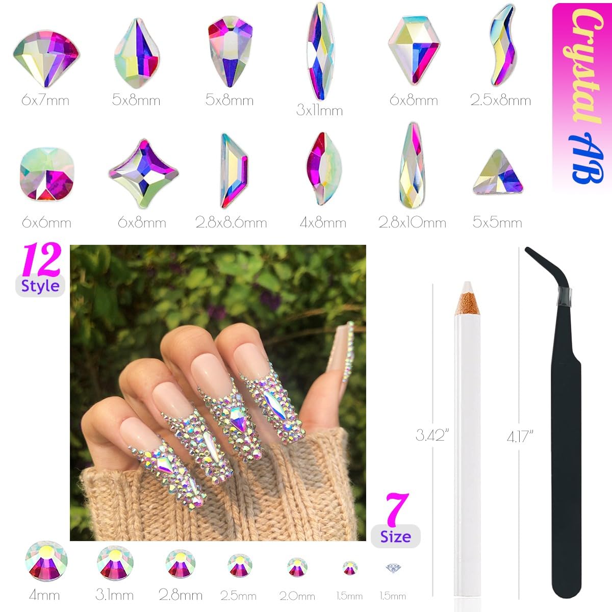 4080Pcs Crystal AB Nail Rhinestones Multi Shapes Flatback Crystal White AB Gems Round Beads K9 Glass Stones Diamonds jewels Nail Art Supplies Nail Charms for Nails Faces Eyes Makeup DIY Crafts