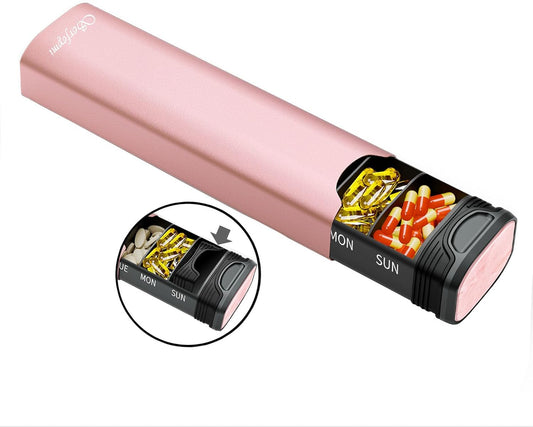 Metal Weekly Pill Organizer, Serfeymi Aluminum Daily Pill Box,7 Day Pill Case Travel Medicine Organizer,Pill Containers(Spare Gasket) for Vitamins, Fish Oils,Pills, Supplement(NO LID)- Pink