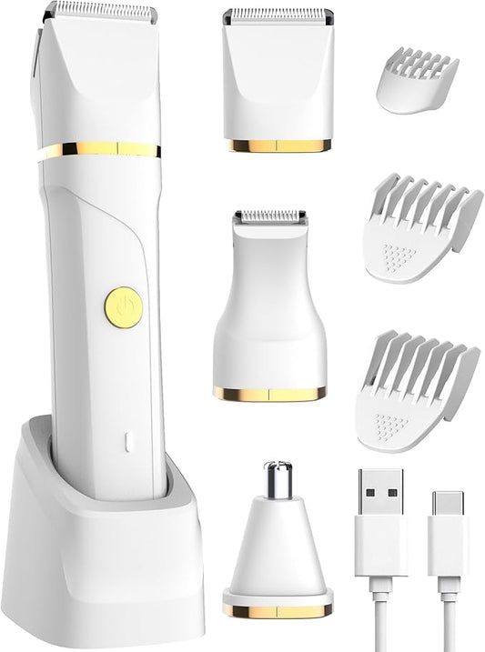AREYZIN Bikini Trimmer for Women Painless Electric Razor for Women,3 in 1 Pubic Hair Trimmer,USB Recharge Dock,Replaceable Ceramic Blade Heads,IPX7,White