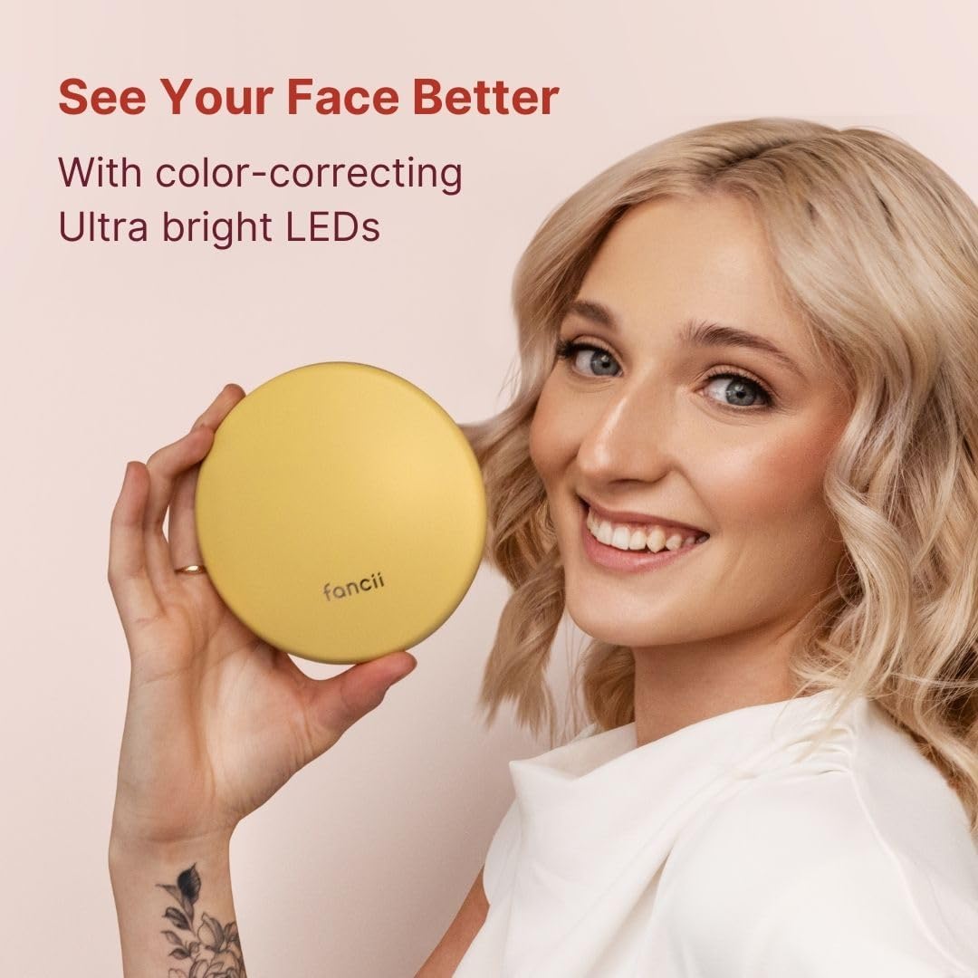 Fancii Taylor Travel Makeup Mirror with LED Light, Rechargeable, 10x /1x Magnifying, Tru-Glow Lighting System, XL Large 5” Wide | Compact Mirror for Purses (Marigold)