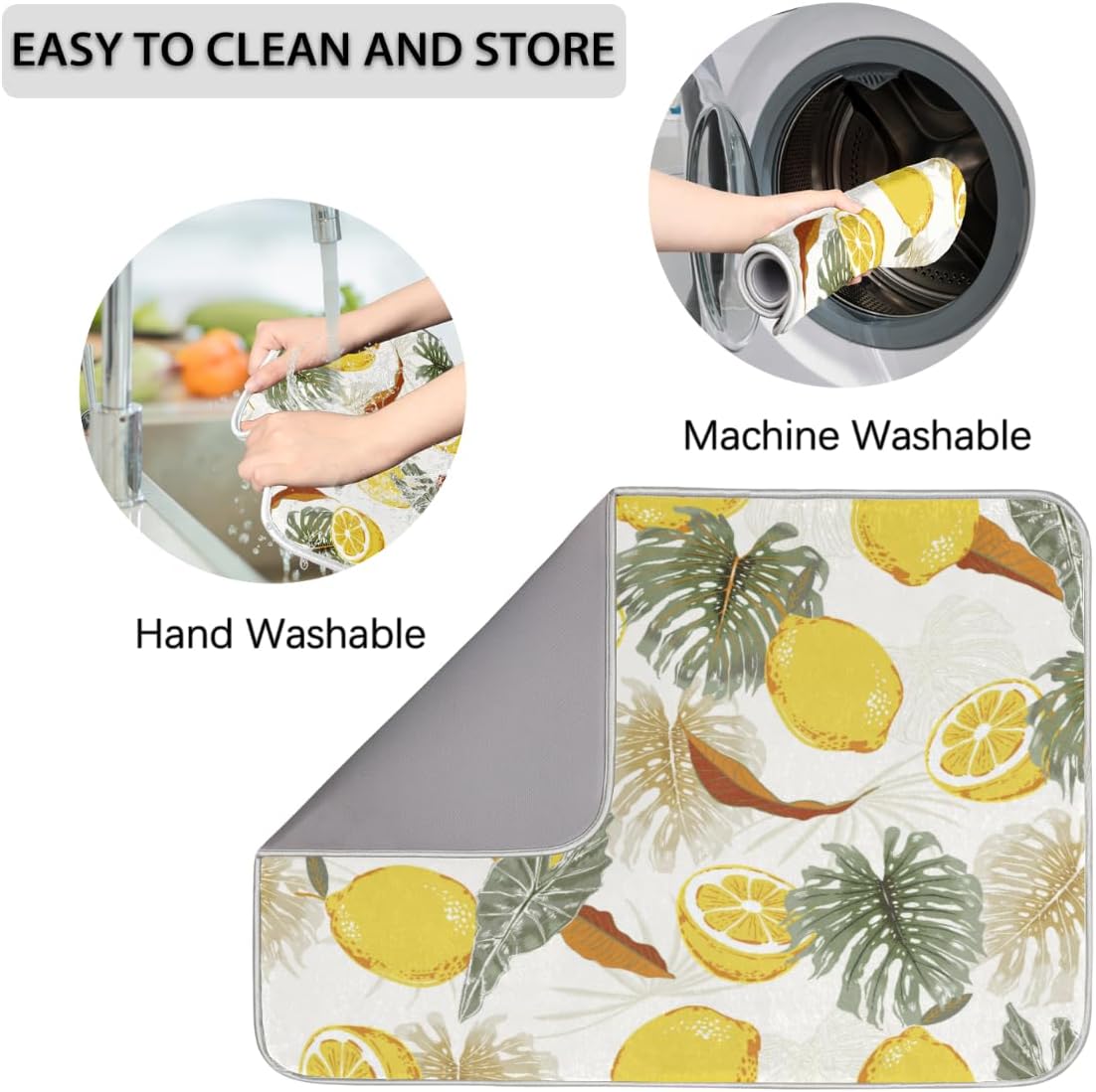 Hexteria Dish Drying Mat Microfiber for Kitchen Counter Summer Lemon Absorbent Dish Draining Reusable Washable Kitchen Drying Bar Mat Kitchen Accessories