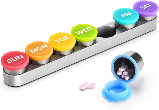 Weekly Metal Pill Case 7 Day, Stainless Steel Pill Box Organizer for Travel, Waterproof Medicine Container, Portable Daliy Pill Holder for Vitamins Fish Oils (Large)