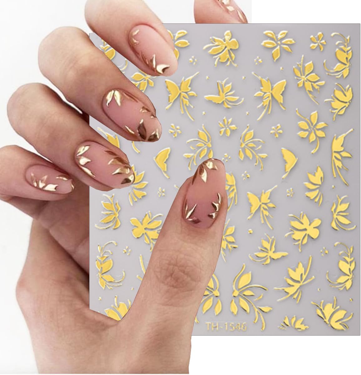 6 Sheets Gold Nail Stickers 3D Metallic Flower Leaf Nail Art Stickers 3D Self Adhesive Gold Nails Designs Accessories Cherry Blossom Flower Nails Decals for Women Girls DIY Summer Manicure Decoration