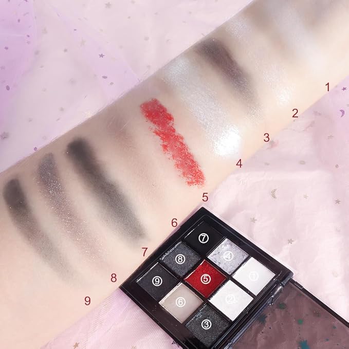 Smokey Black Red Eyeshadow Palette,9 Colors Dark Shimmer Matte Metallic Makeup Pallet,Pigmented Make Up Kit for Halloween Parties Christmas Joker Vampire Clown,Long Lasting Waterproof