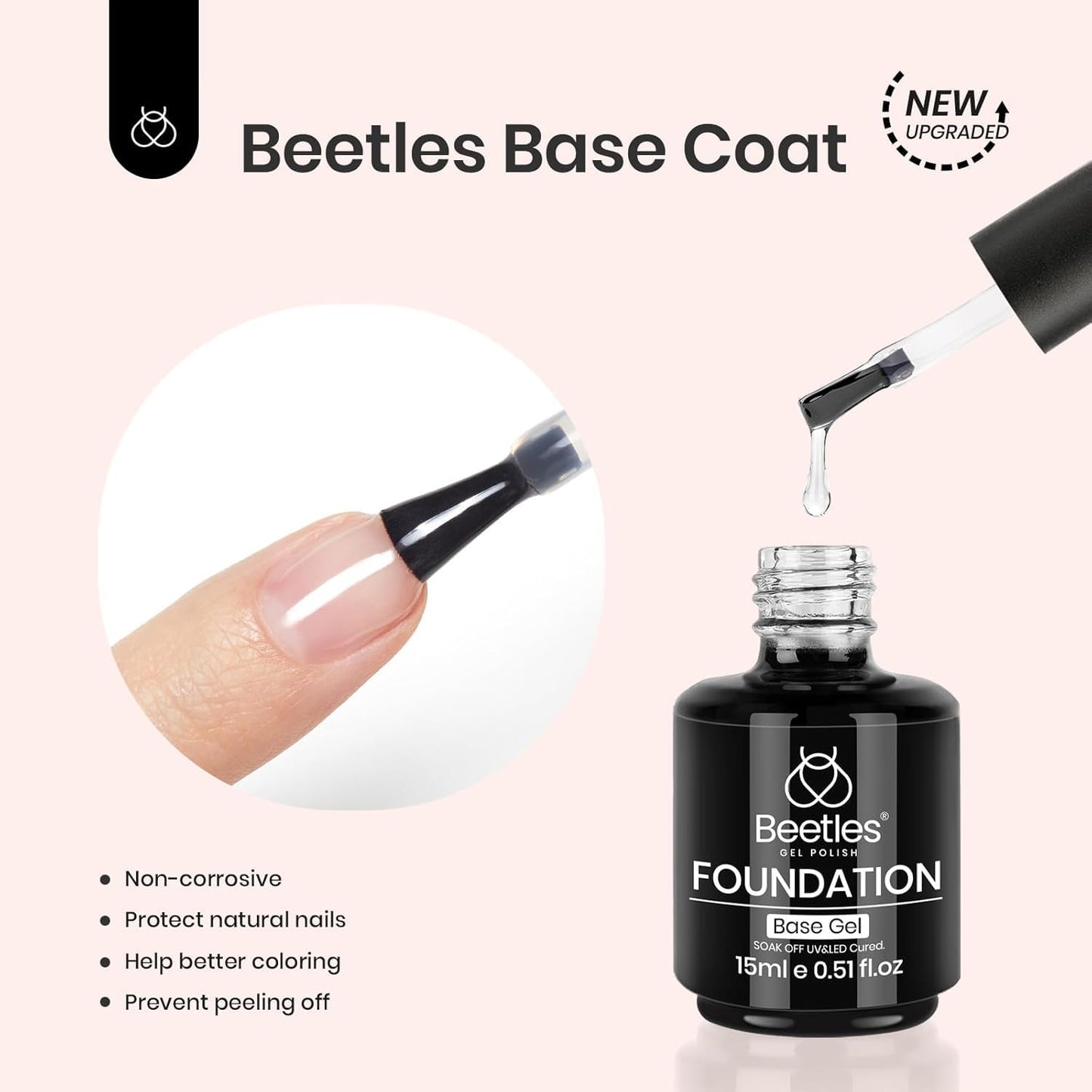 Beetles Matte Gel Top Coat No Wipe Top Coat Gel Nail Polish & Base Coat Set, 3Pcs 15ml Nail Polish Long Lasting Basic Combination, Soak Off LED Nail Lamp Art DIY Design Gifts for Women Her