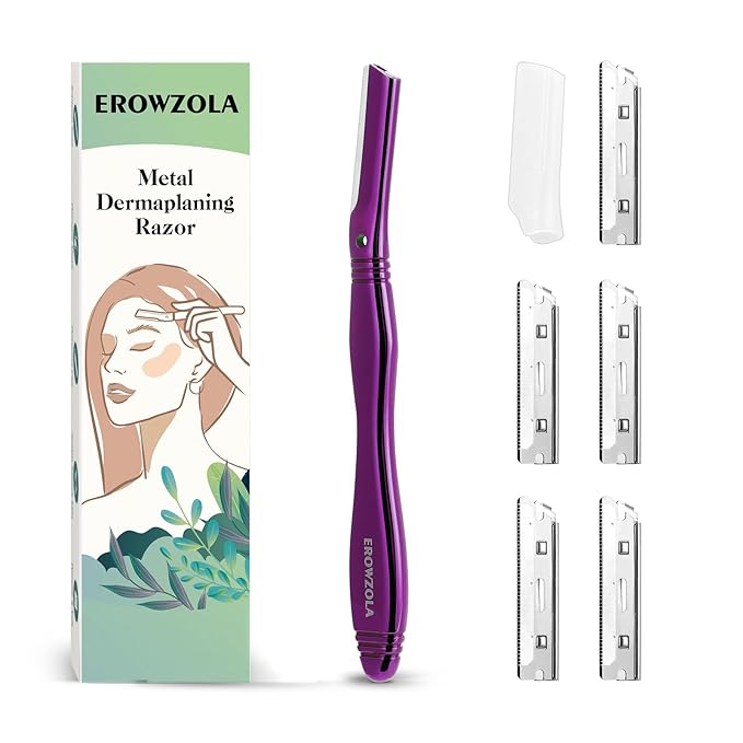 Dermaplane Razor for Women Face with 6 Refill Blades, Dermaplaning Tool Face Razors for Removes Facial Hair, Peach Fuzz, Reusable Metal Handle Eyebrow Razor (Purple)