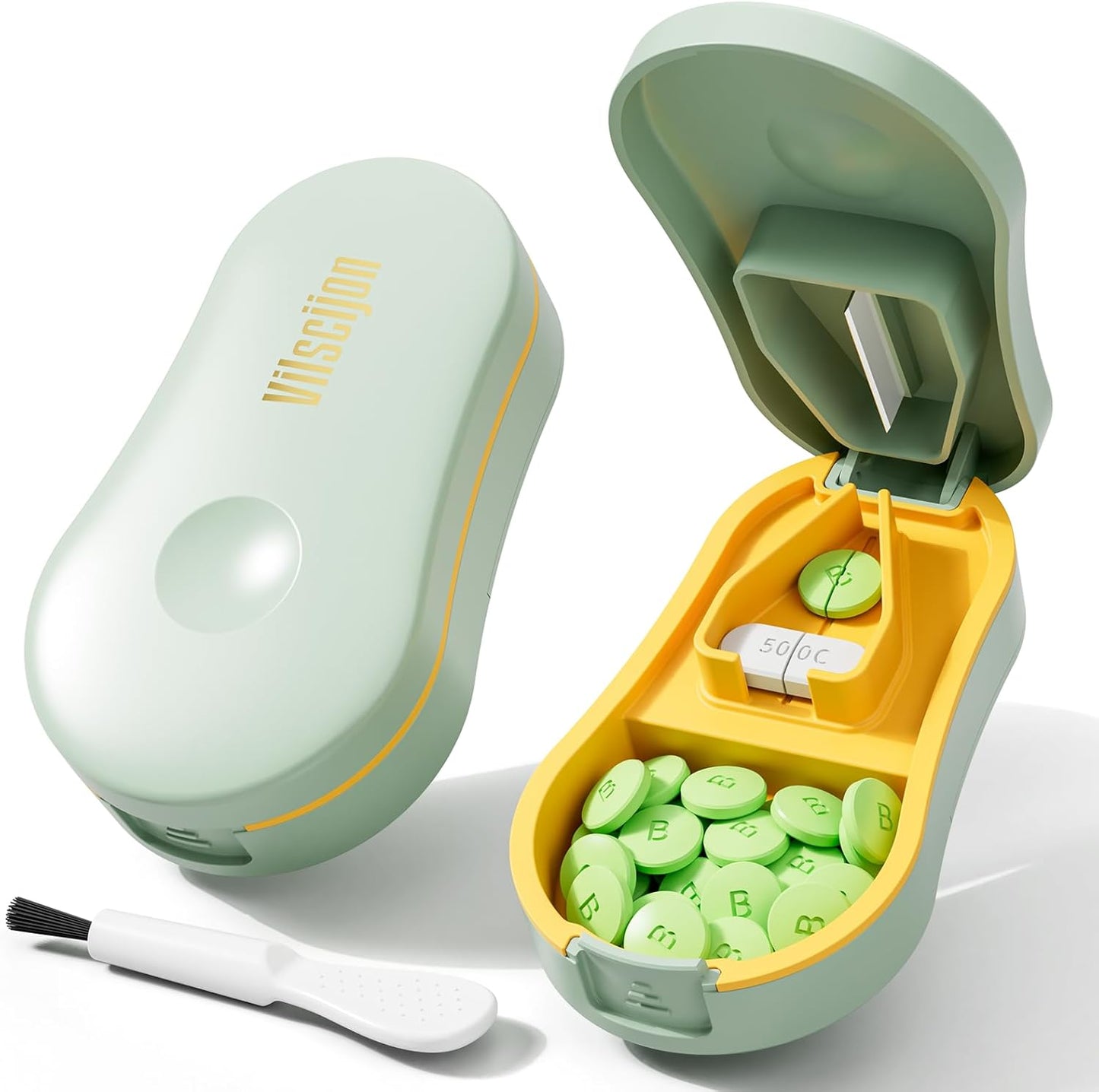 Pill Cutter for Small and Tiny Pills - Pill Splitter with Detachable Silicone Pad - Easy Open Snap Button. Wrap-Around Blade Guard Prevents Cuts. Back Storage (Green)