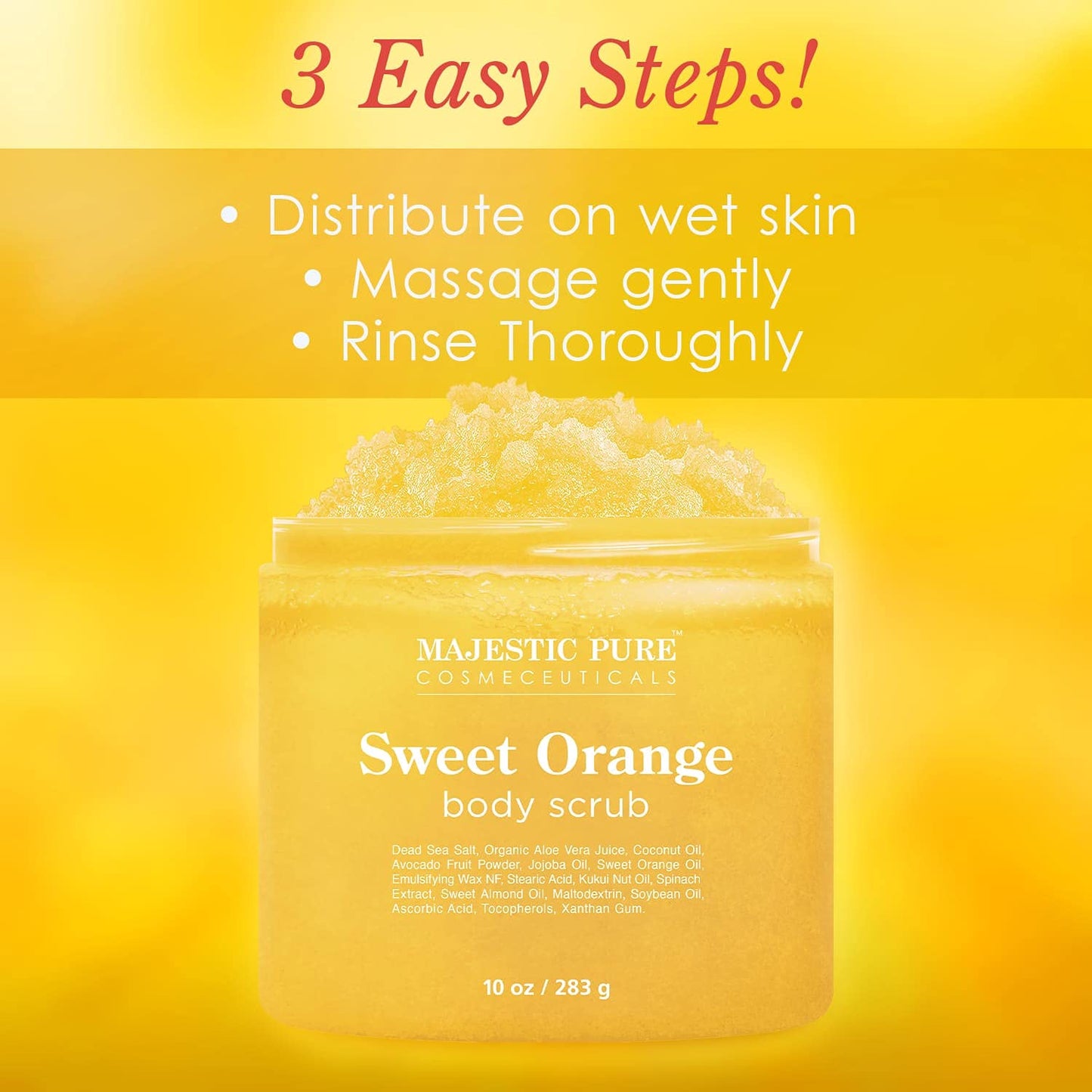 Majestic Pure Sweet Orange Body Scrub for All Natural Skin Care - Exfoliating Multi Purpose Body and Facial Scrub Moisturizes and Nourishes Face and Skin - 10 oz - Great Gift for Her