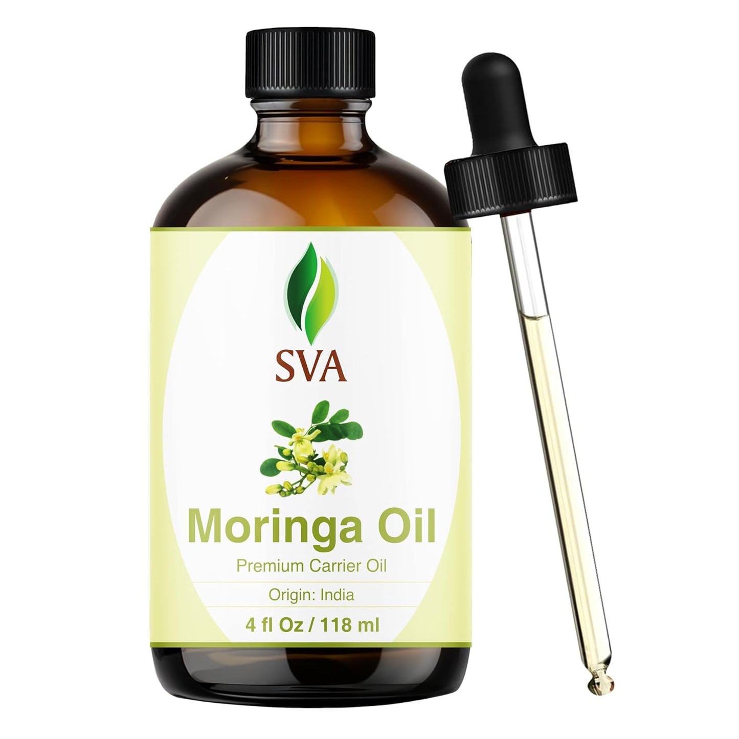 SVA Moringa Seed Oil - 4 Fl Oz – 100% Natural Cold Pressed Moringa Oil - for Face, Skin Care, Hair Care, Scalp Massage & Body Massage – Carrier Oil with Dropper