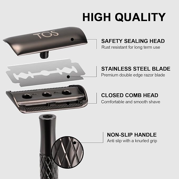 Double Edge Safety Razor for Men with Stand and Silicone Cover - Durable Metal Eco-Friendly Single Blade Safety Razor with 10 Blades - Closed Smooth Shave Matte Black