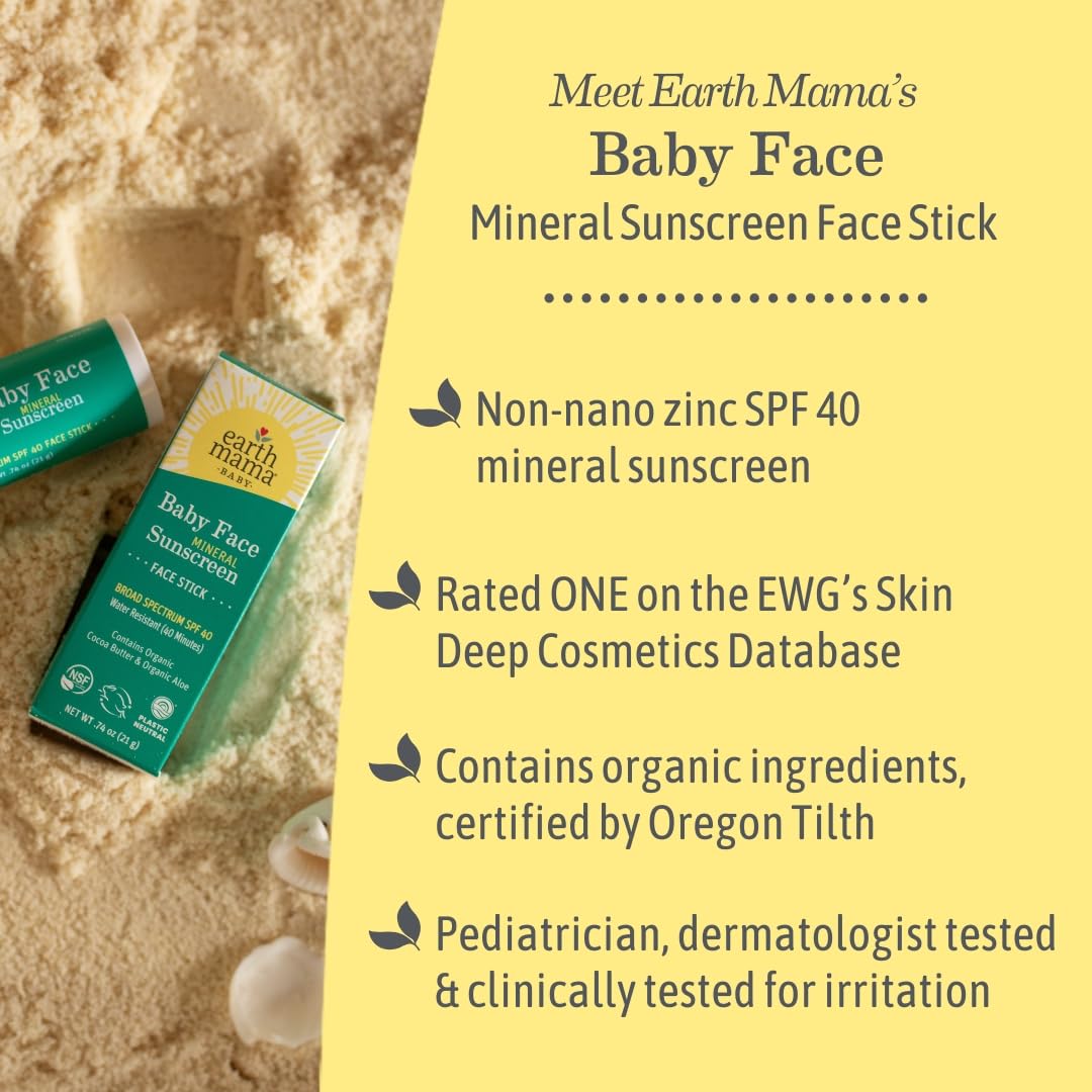 Earth Mama Baby Face Mineral Sunscreen Stick SPF 40 | Non-Nano Zinc, Contains Organic Cocoa Butter & Aloe | Babies, Kids & Family 0.74-Ounce