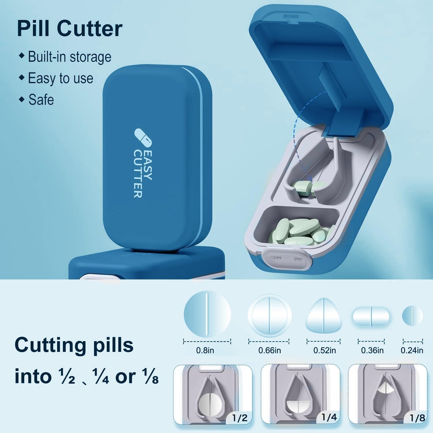 Pill Cutter Splitter for Small or Large Pills with Safety Lock - Accurate and Easy Travel-Friendly Design for Daily Use (Blue)