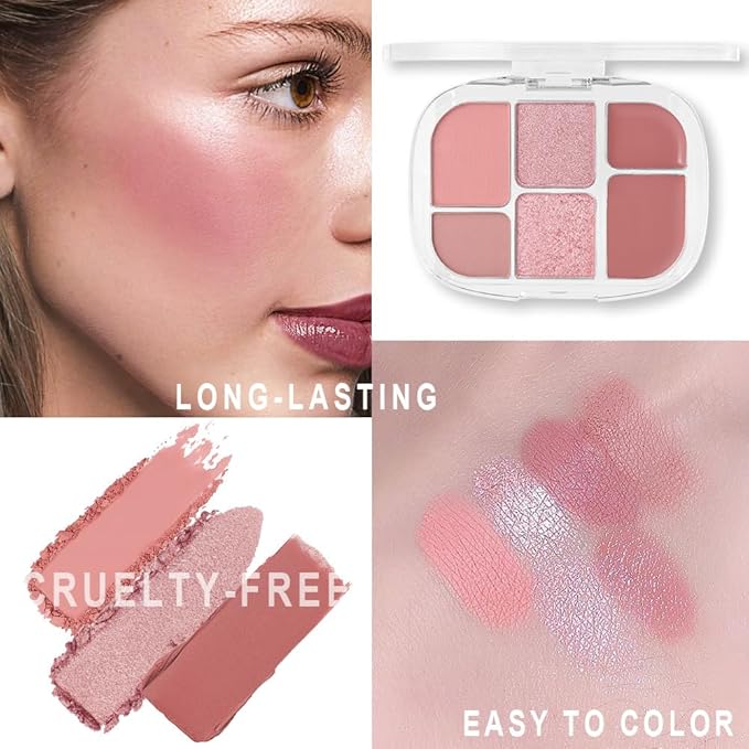 6-in-1 Cream & Powder Makeup Palette – Blush Highlighter & Eyeshadow, Matte & Shimmer Rose Nude Tones, Travel-Friendly Compact for Daily & Travel Use 02