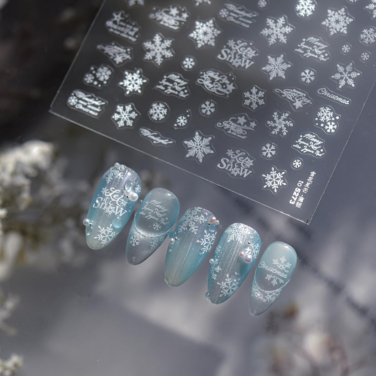 White Snowflake Nail Art Stickers Christmas Nail Decals Decorative Font Nail Stickers 5D Self-Adhesive Winter Theme Nail Art Design Decals DIY Nail Decoration Supplies for Women Girls 1Sheet