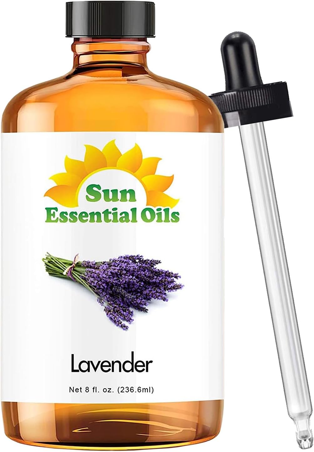 Sun Essential Oil - Lavender Essential Oil 8 oz (236 ml) with Dropper for Diffuser, Humidifier, Skin, Aromatherapy Massage, Scented for Soap & Candle Making at Home, Calming Aroma for Sleep