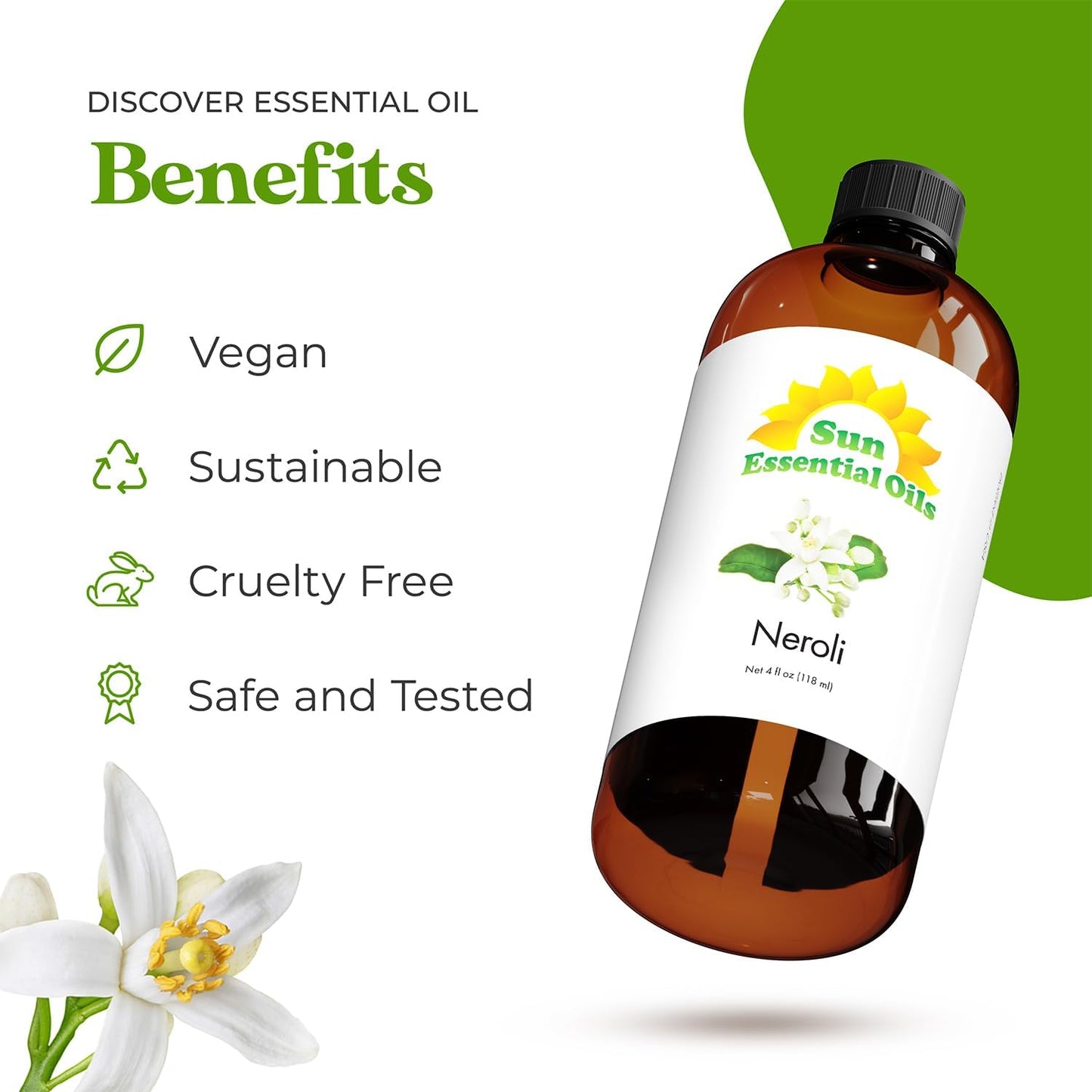 Sun Essential Oils - Neroli 4oz Bottle for Humidifier, Diffuser, Aromatherapy, Skin and Hair Care - Neroli Oil - Aromatherapy Oil