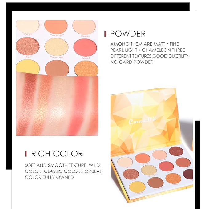 Glitter Matte Orange Yellow Eyeshadow Palette, 12 Colors Shimmer High Pigmented Eyeshadow Makeup Palette Lasting Waterproof Brown Eyeshadow Palette for Girl Women