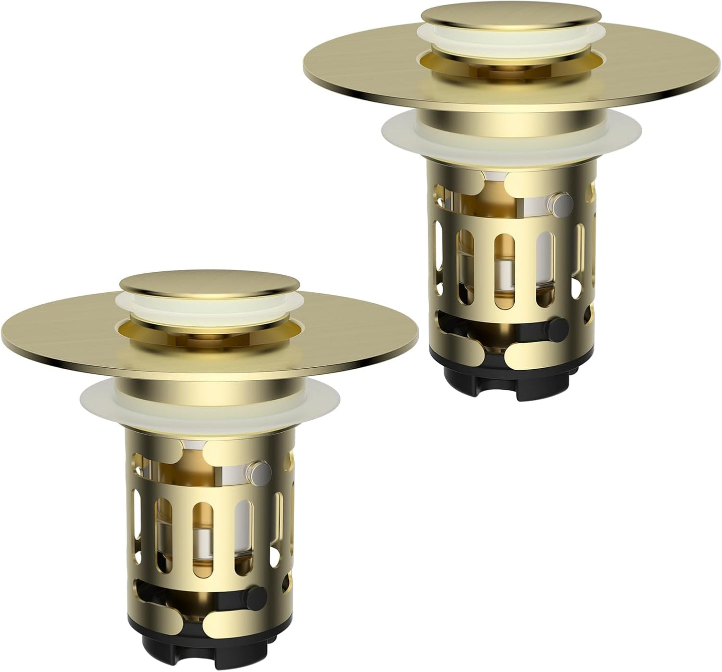 Hibbent 2 Pack Upgraded 3 in 1 Bathroom Sink Drain Strainer, Universal Pop Up Stopper with Removable Stainless Steel Filter Basket Hair Catcher, Sink Plug for 1.1''~2.36'' Basin, Brushed Gold