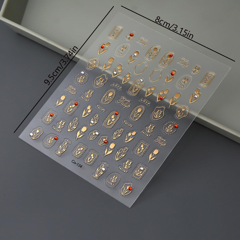 Gold Nail Stickers Flower Nail Decals for Nails Art Tulip Nail Art Stickers with Rhinestone Design 5D Embossed Self Adhesive Nail Decals for Women Girls Kid Manicure DIY Decoration Supply Charms